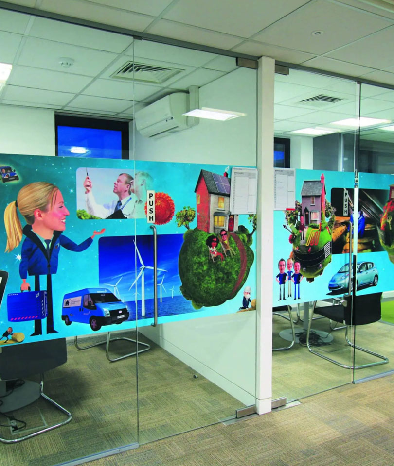 Custom illustrations applied to a glass pane to ensure visitors are safe.