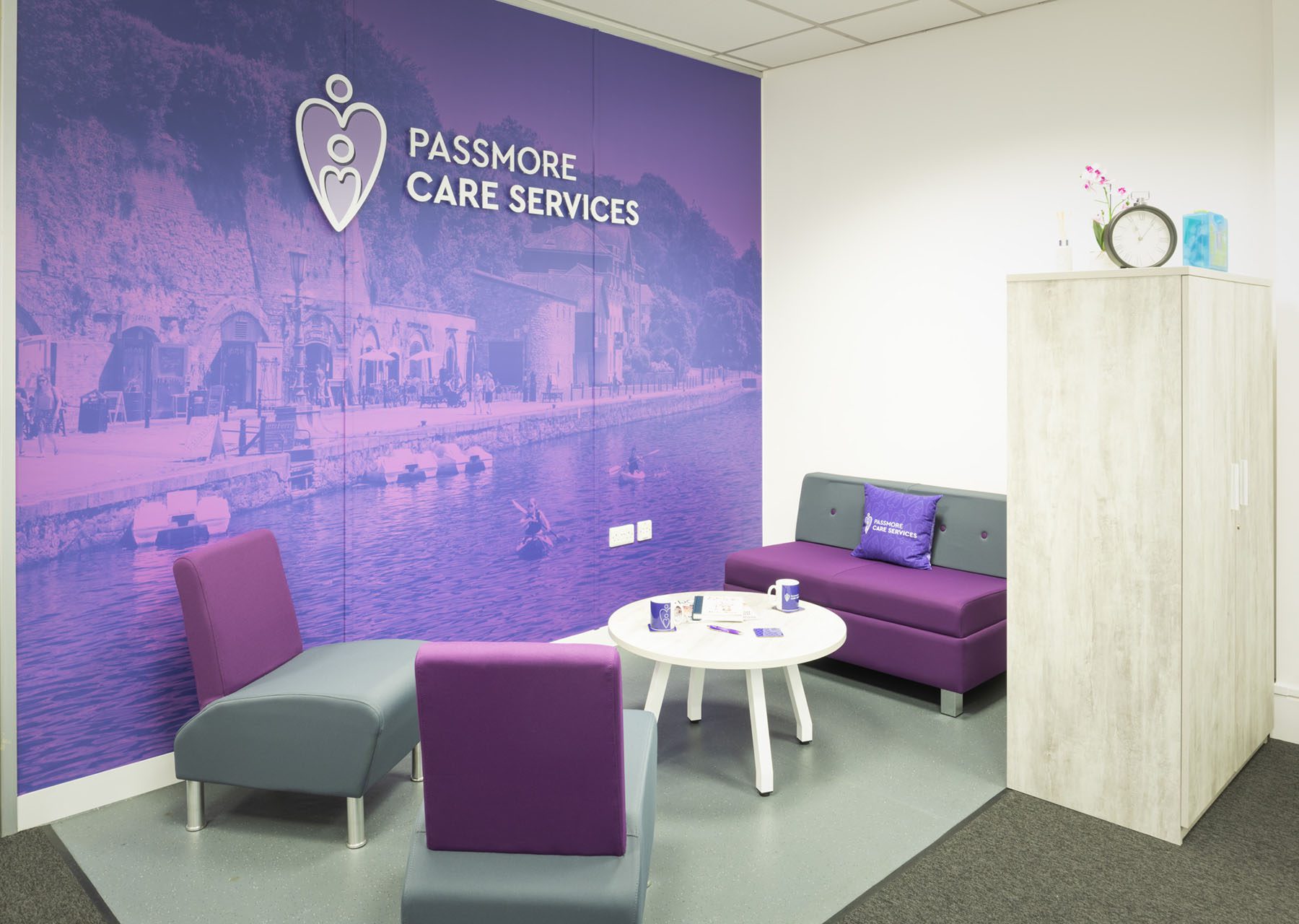 Passmore Care wall graphic with acrylic sign