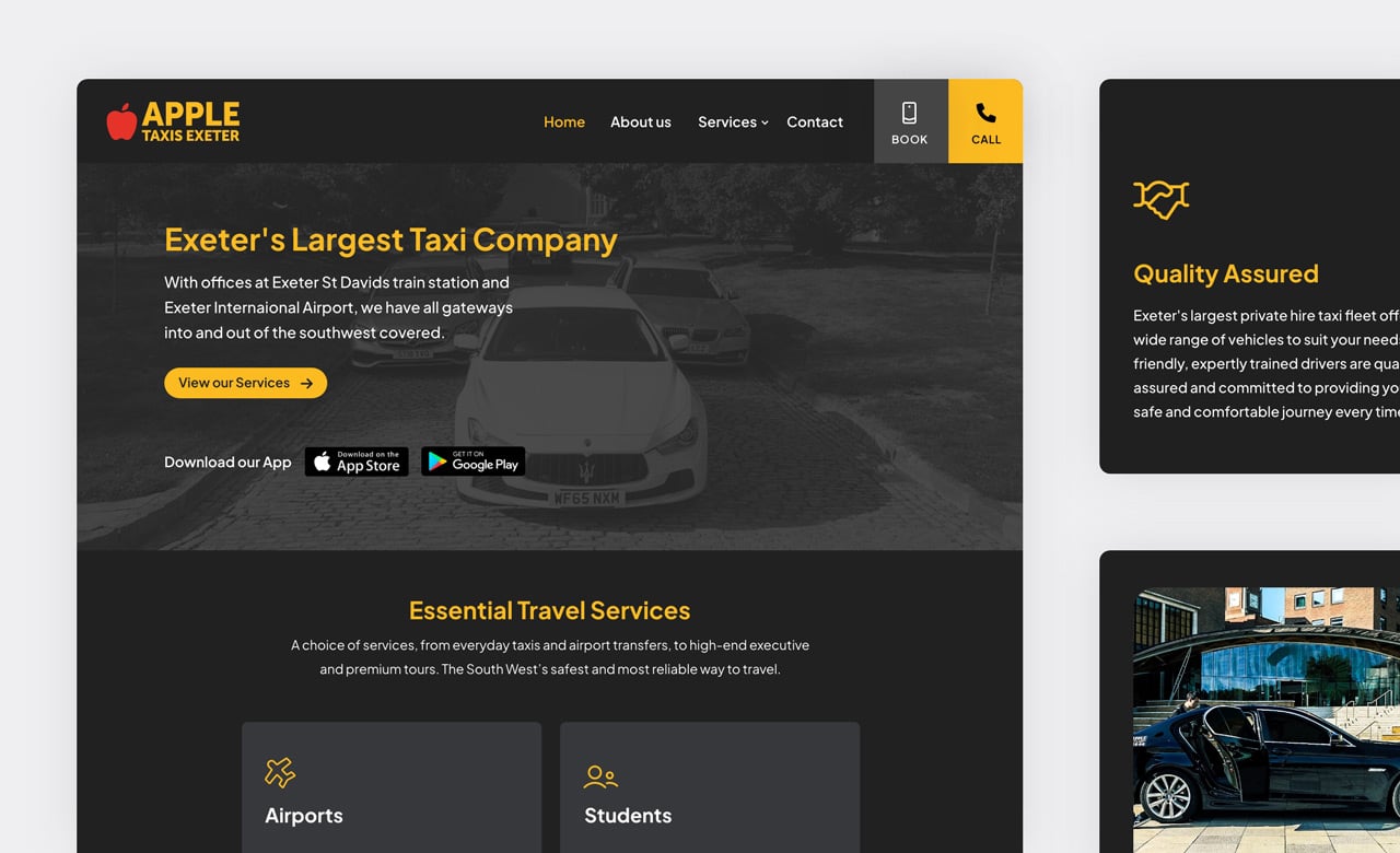 Nettl of Exeter image of Apple Taxis Exeter homepage showcasing local taxi company website design Exeter Devon