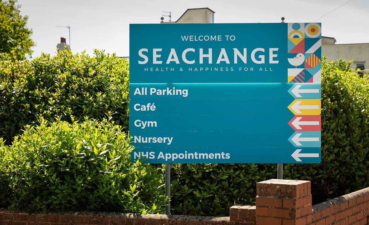 Large format exterior wayfinding signage in place at Seachange. The design was installed by the Nettl of Exeter team.