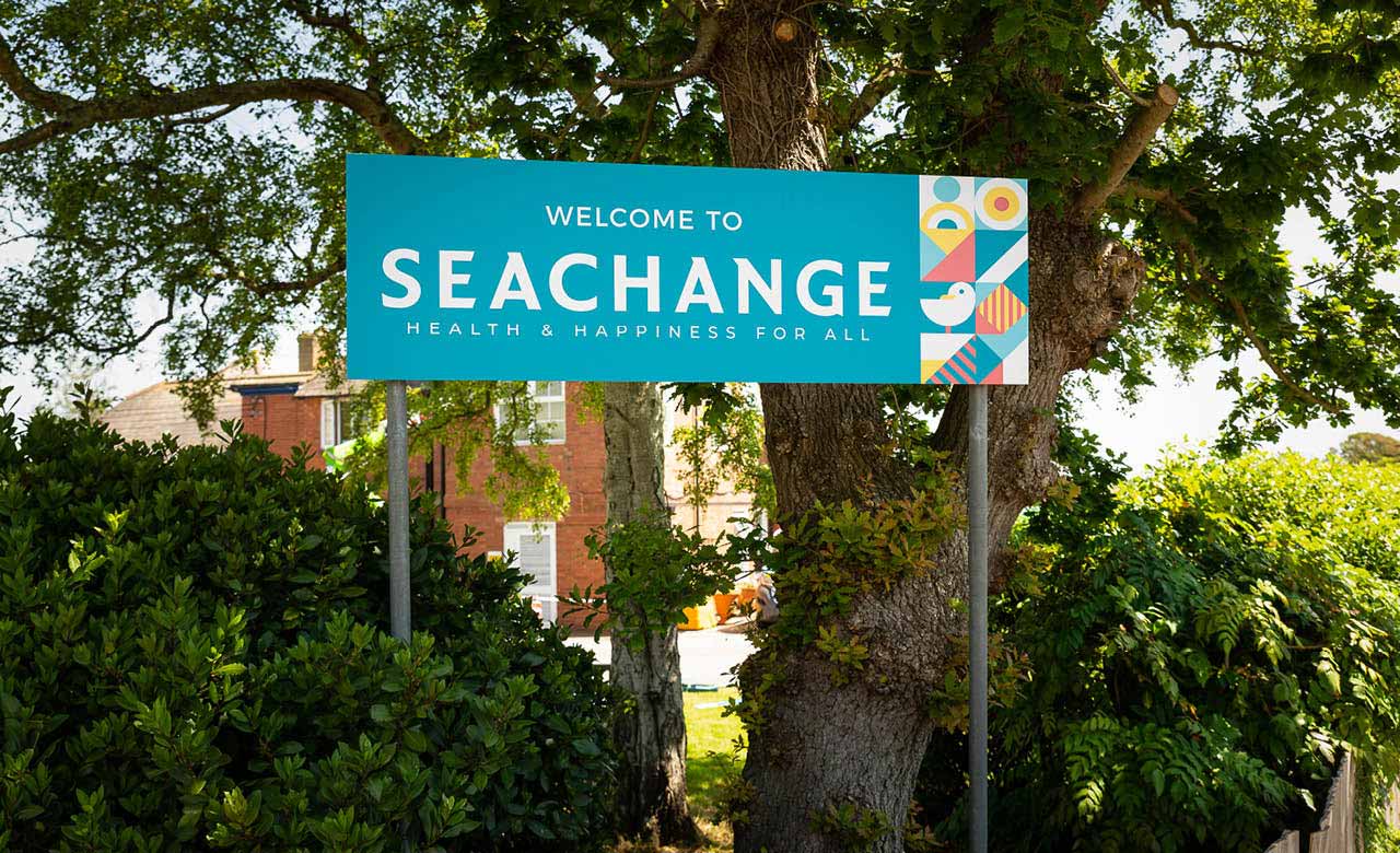 The Seachange sign installed by the Nettl of Exeter installation team.