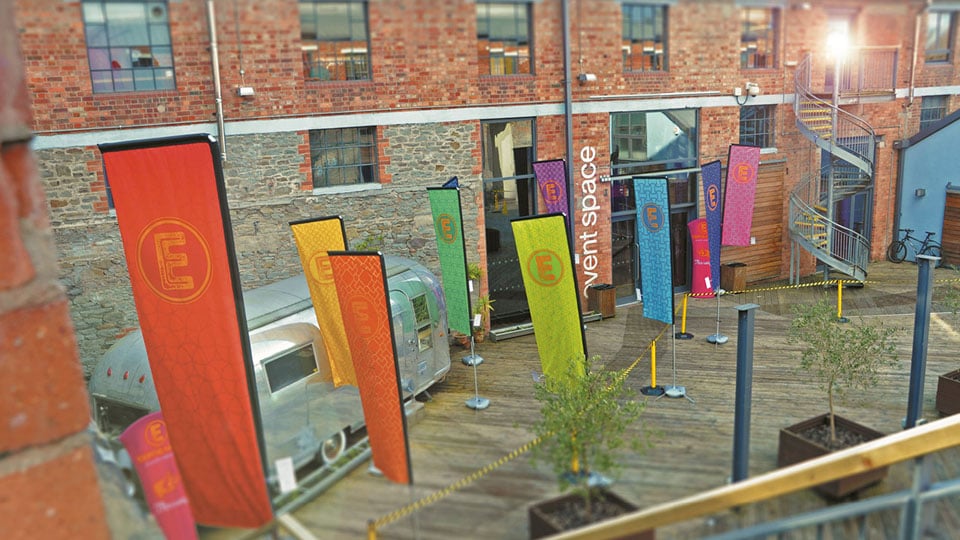 A range of outdoor banners at Event Space all designed and printed by Nettl of Exeter.