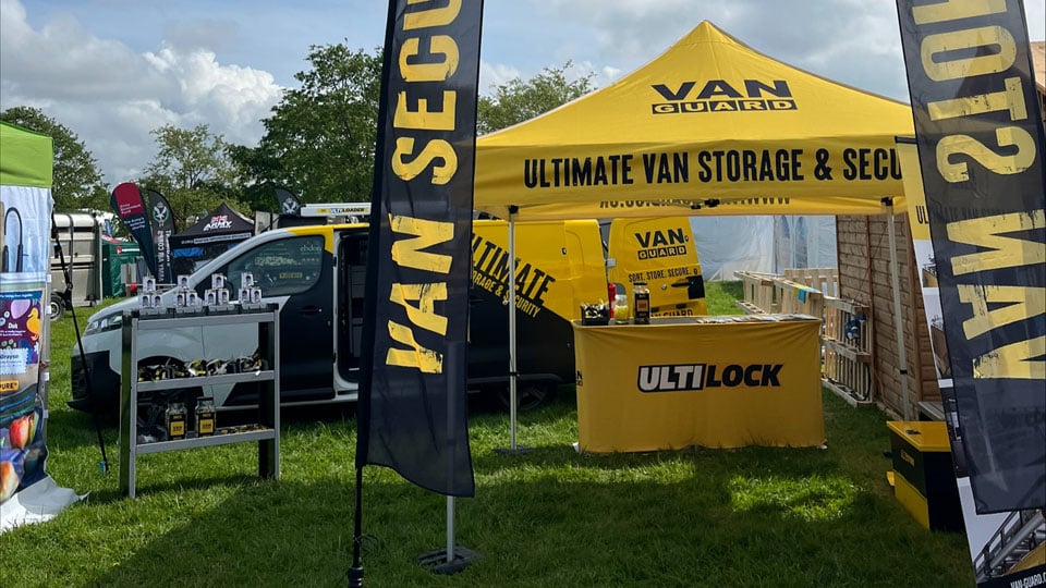 The wonderfully bright yellow printed gazebo for Vanguard which was designed and printed by Nettl of Exeter.