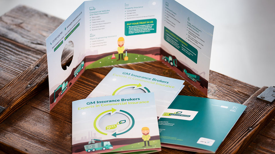 Shaped flyers for GM Insurance Brokers with a cut-shape revealing the information underneath. These were designed and printed by the team at Nettl of Exeter.