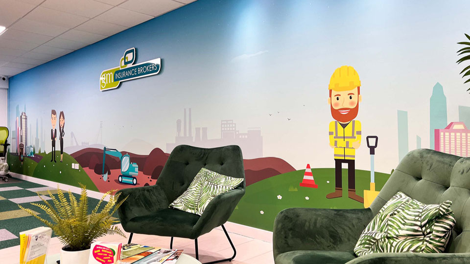 We created the illustration, designed the scene, fit the sign and applied the interior wall graphic for GM Insurance at their new office in Exeter.